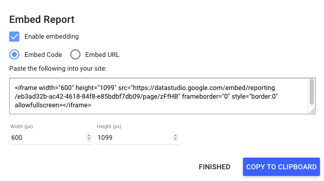Embed report code Data Studio